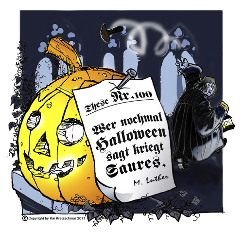 Cartoon: Reformationstag vs. Halloween (medium) by kunstkai tagged ablass,mönch,samhainfest,irland,allerheiligen,kelten,druiden,kürbissuppe,durcheinander,christ,kloster,stadttor,wittenberg,thesen,pfarrer,kirche,evangelisch,oktober,martin,luther,kürbis,feiertag,halloween,reformationstag