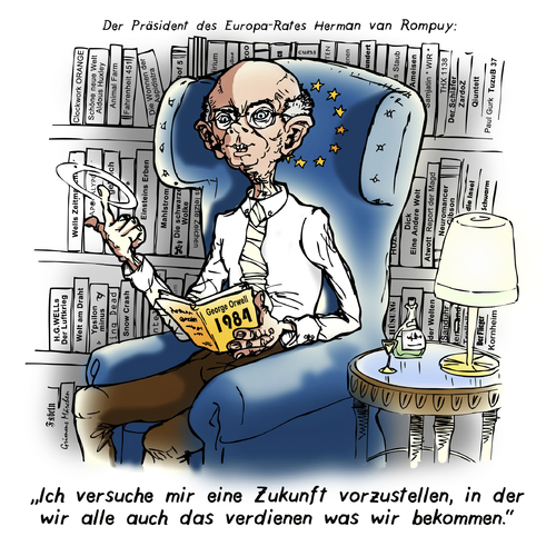 Cartoon: Van Rompuys Zukünfte (medium) by kunstkai tagged karikatur,cartoon,politik,europa,huxley,welt,neue,schöne,literatur,fiction,science,lesen,scifi,bibliothek,zukünft,dystopie,1984,orwell,george,vorsitzender,rompuy,van,europarat,union,europäische,eu,kretzschmar,kai,kunst,kunstkai