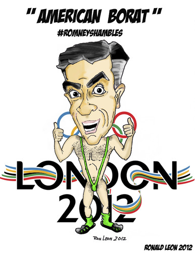 Cartoon: AMERICAN BORAT..Train wreck Tour (medium) by DaD O Matic tagged romneyshambles,american,borat,twitter,hashtag,political,olympics