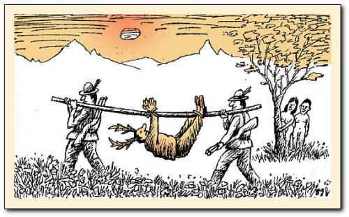 Cartoon: hunting (medium) by penapai tagged love,jagd,hirsch,rotwild,jäger,adam,eva,paradies,erlegt,natur,bibel,religion,fleisch,sport,gott