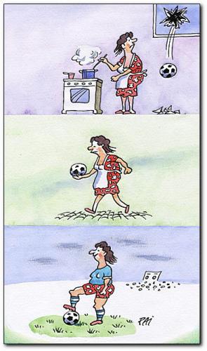 Cartoon: king sport (medium) by penapai tagged footbal,fussball,frau,emanzipation,feminismus,gleichheit,gerechtigkeit,vorurteil,klischee,ball,spiel,kochherd,putzfrau,hausfrau,modern,denken,toleranz