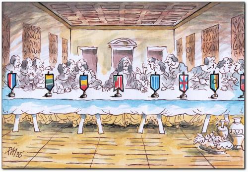 Cartoon: last supper (medium) by penapai tagged flag,abendmahl,gemälde,leonardo da vinci,kunst,länder,nationen,nationalität,flaggen,politiker,diskussion,debatte,religion