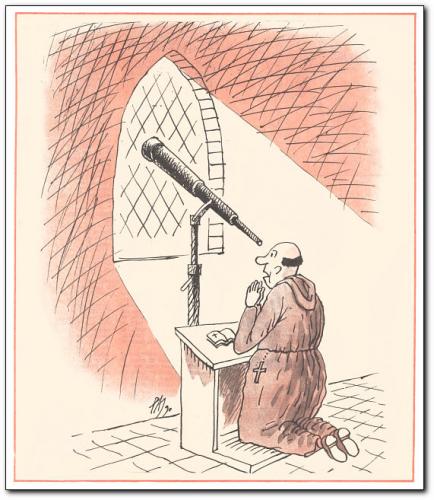Cartoon: My God (medium) by penapai tagged small,telescope,teleskop,fernglas,beobachten,sterne,himmel,wissenschaft,priester,mönch,gläubiger,glaube,gott,beten