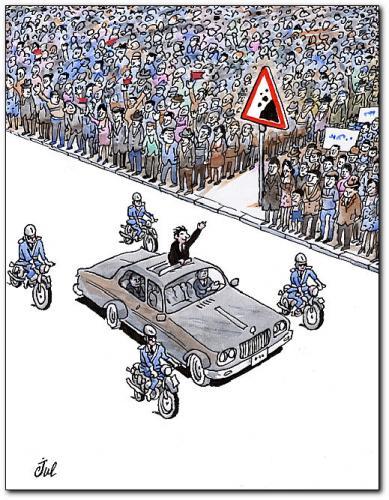 Cartoon: politicman (medium) by penapai tagged attention,stones,police,politiker,fans,publikum,staatsbesuch,besuch,sicherheit,verkehrsschild,gefahr,steine,steinwurf
