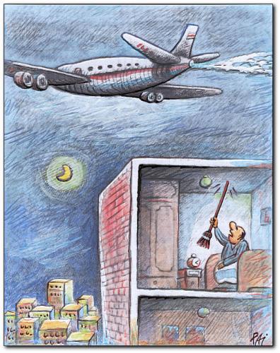 Cartoon: silence (medium) by penapai tagged plane,flugzeug,verkehr,lärm,lärmbelästigung,belästigung,wohnen,wohnung,nachbarn,stören