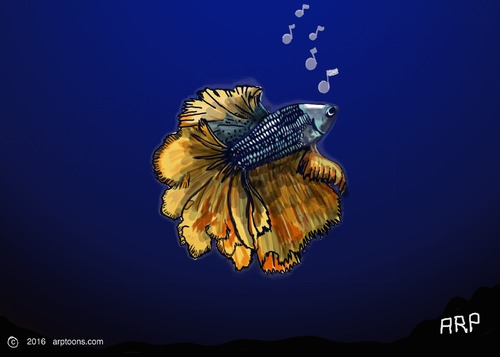 Cartoon: Cool fishy whistling a tune (medium) by tonyp tagged arp,fish,water,friends,party,people
