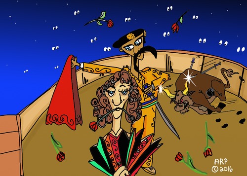 Cartoon: Here comes the bull (medium) by tonyp tagged arp,bull,matador,lady,bullfight,oops