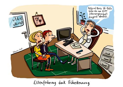 Cartoon: Früherkennung (medium) by ullmann tagged früherkennung,arzt,paar,nachwuchs,kinderwunsch,schwanger,schwangerschaft,intelligenztest