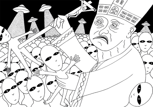 Cartoon: The Pope vs Aliens (medium) by baggelboy tagged pope,aliens,fight