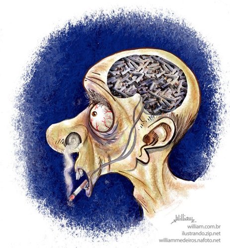 Cartoon: Fumante inveterado - Chain-smoke (medium) by William Medeiros tagged smoker,smoking,fumante,cerebro,brain