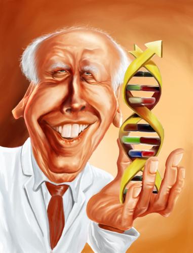 Cartoon: J. D. Watson (medium) by William Medeiros tagged medicine,science,scientist,dna,caricature,