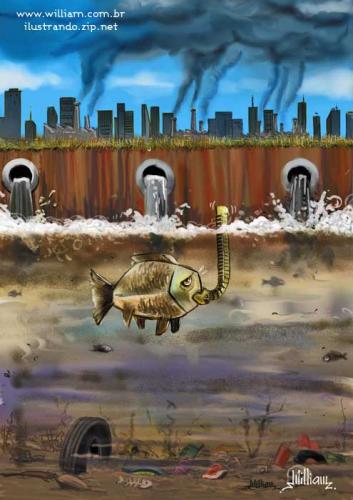 Cartoon: Pollution (medium) by William Medeiros tagged river,pollution,fish,industry,trash,