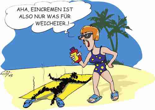 Cartoon: Badestrand Grillsaison (medium) by eisi tagged sonnencreme,bräune,hautkrebs,strand,sonne,urlaub