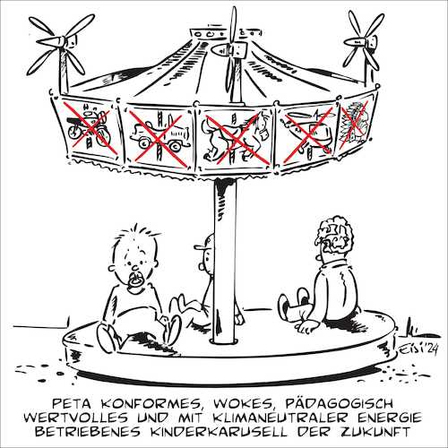 Cartoon: Kinderkarusell der Zukunft (medium) by eisi tagged woke,peta,klimaneutral,erziehung