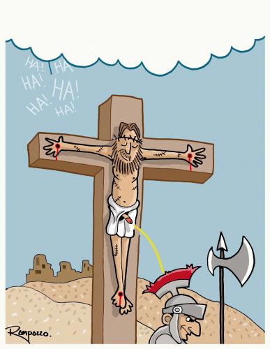 Cartoon: Crucification (medium) by Marcelo Rampazzo tagged crucification,jesus,kreuzigung,religion,glaube,kirche,gott,bibel,sünde,testament,offenbarung,christ,jesus nazaret,kreuz,kruzifix,theologie,jesus christus,urinieren,pinkeln,nazaret,christus