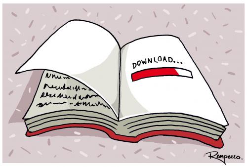 Cartoon: Download... (medium) by Marcelo Rampazzo tagged literature,technik,technologie,fortschritt,entwicklung,literatur,lesen,bücher,buch,bildung,wissen,www,internet,daten,datei,download,runterladen,texte,inhalt,inhalte,zugang,leser,information,informationen,informationsgesellschaft,digital,digitalisierung,medien,medium,ebook,elektronisch,virtuell,virtualität,elektronisches papier,seiten,papier,elektronisches