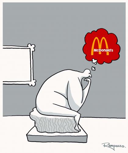 Cartoon: The Thinker (medium) by Marcelo Rampazzo tagged the,thinker,cartoon,denker,denken,mann,statue,skulptur,kunst,gedanken,philosophie,psyche,kopf,gehirn,mcdonald,fast food,essen,nahrung,ernährung,dick,fett,übergewicht,gesundheit,hunger,kultur,gesellschaft,fast,food