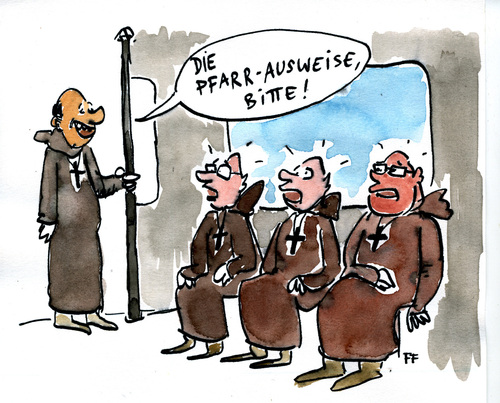 Cartoon: Pfarr-Ausweise (medium) by Florian France tagged kalauer,wortspiel,pfarrer,ausweise,bahn