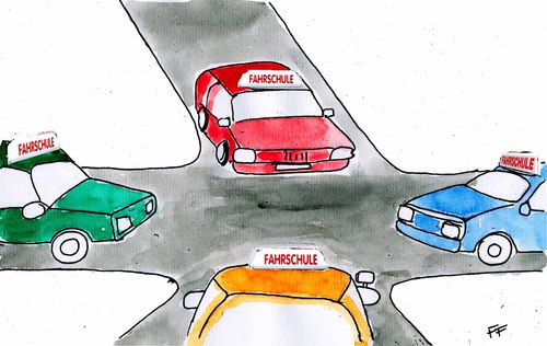 Cartoon: Point of no Return (medium) by Florian France tagged fahrschule,schule,fahren,auto,autofahren,kreuzung,problem,im,strassenverkehr