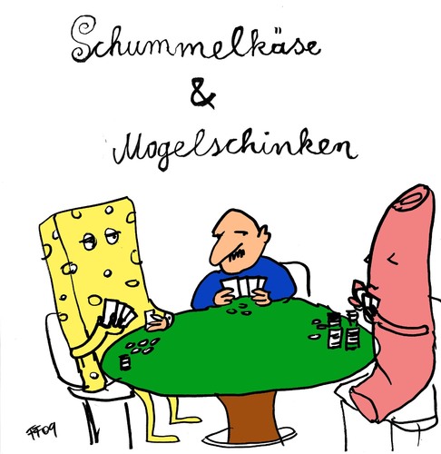 Cartoon: Schummelkäse und Mogelschinken (medium) by Florian France tagged käse,cheese,schinken,schummel,poker,spieltisch,wurst