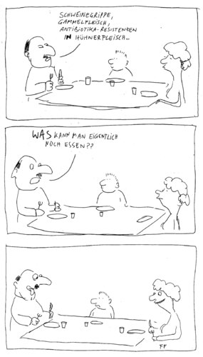 Cartoon: Was kann man noch essen ? (medium) by Florian France tagged hühner,hühnerfleisch,ehec,schweinegrippe,dioxin