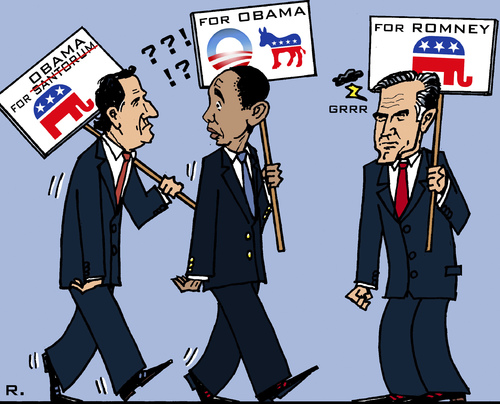 Cartoon: Desertion (medium) by RachelGold tagged usa,pre,election,campaign,santorum,obama,romney,republicans,democrates