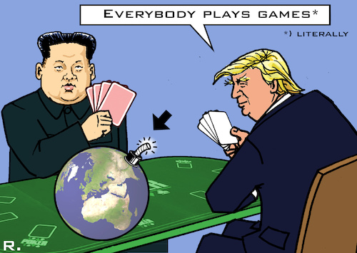 Cartoon: Games (medium) by RachelGold tagged usa,north,korea,trump,kim,games,summit,poker,world,war,security,bomb
