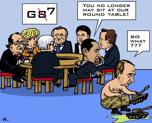 Cartoon: International Kindergarten (medium) by RachelGold tagged g8,g7,usa,gb,france,germany,canada,eu,japan,italy,russia,obama,hollande,merkel,barroso,renzi,cameron,putin,round,table