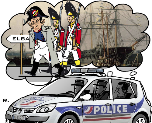 Cartoon: Little Great Men s Destiny (medium) by RachelGold tagged france,sarkozy,affair,police,arrest,history,little,men,napoleon,elba