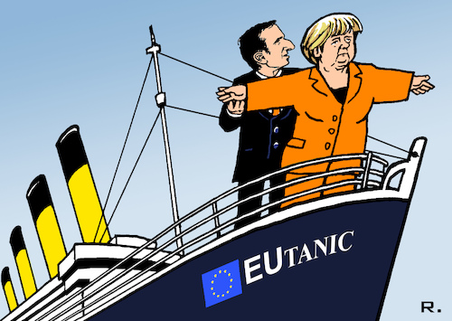 Cartoon: Mercron - the new dynamic Duo (medium) by RachelGold tagged eu,summit,france,germany,macron,merkel,mercron