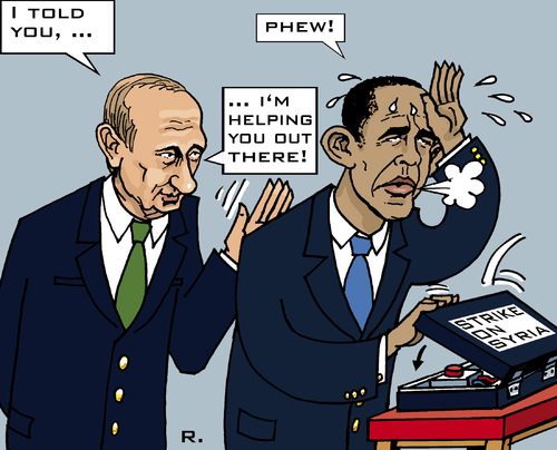 Cartoon: Military Strike Exit (medium) by RachelGold tagged diplomacy,usa,russia,syria,military,strike,obama,putin