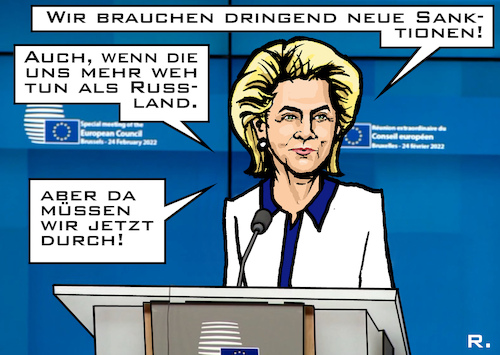 Cartoon: Neue Sanktionen (medium) by RachelGold tagged eu,russland,usa,krieg,sanktionen,wirtschaft,finanzen,swift,selbstzerstörung