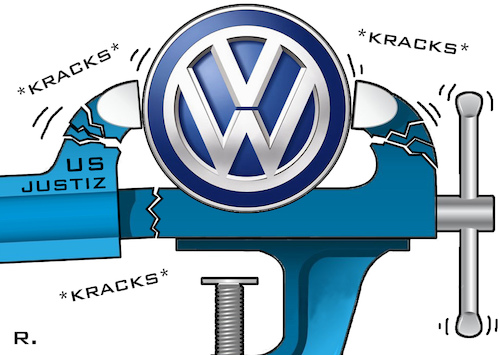 Cartoon: Nicht kleinzukriegen (medium) by RachelGold tagged vw,abgasskandal,usa,detroit,us,justiz,volkswagen