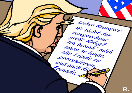 Cartoon: X-Mas-Brief (medium) by RachelGold tagged trump,xmas,brief,krampus,oval,office,krieg,weltkrieg