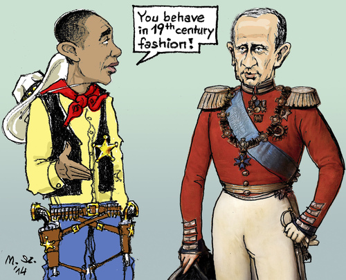 Cartoon: 19th Century Policy (medium) by MarkusSzy tagged crimea,rusia,usa,tsar,cowboy,putin,obama,crisis