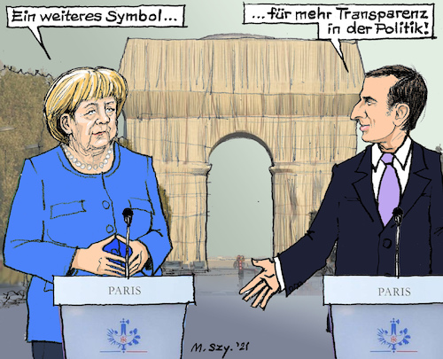 Cartoon: 1x noch Mercron (medium) by MarkusSzy tagged frankreich,deutschland,paris,treffen,merkel,macron,arc,de,triomphe,verhüllung,transparenz,cristo,kunstaktion,kunstwerk,symbol,wahrzeichen