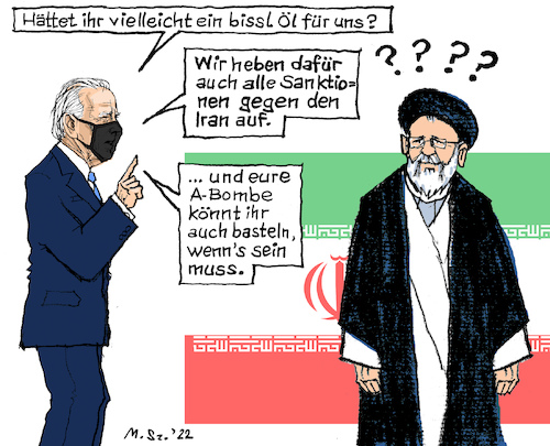 Cartoon: Alternative Energie-Quellen (medium) by MarkusSzy tagged russland,ukraine,krieg,sanktionen,energie,krise,öl,gas,alternative,usa,iran,biden,raisi