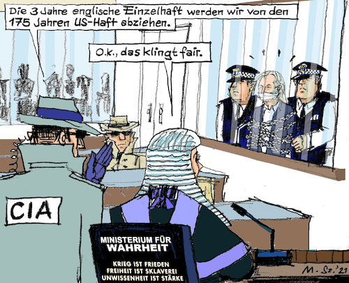 Cartoon: Assange - Auslieferung an USA (medium) by MarkusSzy tagged julian,assange,uk,england,justiz,gericht,auslieferung,usa,pressefreiheit,autokratie,diktatur,repression,orwell,1984