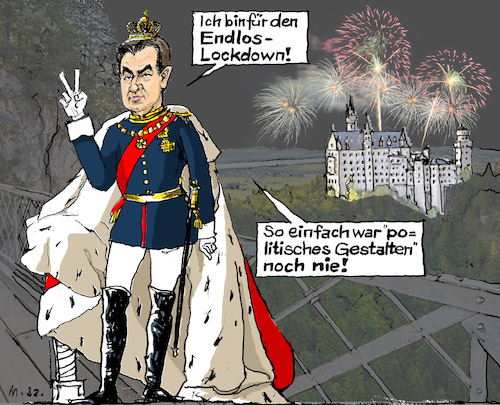 Cartoon: Bayrischer Bayr-Endlos-Lockdown- (medium) by MarkusSzy tagged bayern,ministerpräsident,markus,söder,könig,ludwig,regierung,endlos,lockdown,krise,corona,virus,pandemie,covid19