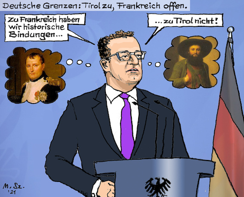 Cartoon: Deutsche Grenze dicht (medium) by MarkusSzy tagged deutschland,österreich,tirol,grenze,blockade,quarantäne,mutationsgebiet,virus,corona,covid19,jens,spahn,napoleon,andreas,hofer