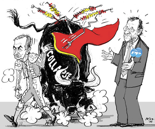 Cartoon: Handover of Power- in Spanish (medium) by MarkusSzy tagged psoe,pp,eurocrisis,crisis,collapse,bullfight,rajoy,zapatero,election,spain