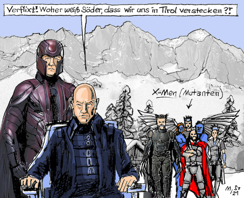 Cartoon: Mutationsgebiet (medium) by MarkusSzy tagged deutschland,österreich,bayern,tirol,grenze,sperre,blockade,mutationsgebiet,quarantäne,virus,mutation,corona,covid19,mutanten,marvel,men,professor,magneto,wolferine