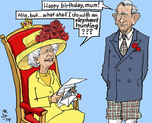 Cartoon: Nice Try (medium) by MarkusSzy tagged monarchy,abdication,throne,queen,elizabeth,charles,juan,carlos,felipe,elephant,hunting