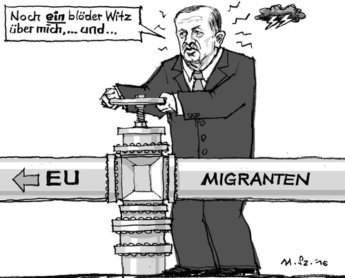 Cartoon: Pressefreiheit hat ihre Grenzen (medium) by MarkusSzy tagged eu,türkei,migration,abkommen,schlepper,erpressung,menschenrechte,pressefreiheit,terror,sultan,sultanat,demokratie,pipeline,druckmittel