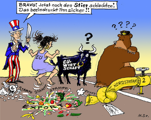 Cartoon: Selbst-Sanktionen (medium) by MarkusSzy tagged russland,ukraine,krieg,sanktionen,energie,krise,öl,gas,export,import,europa,eu,usa