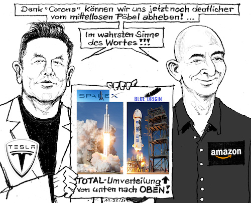 Cartoon: Space-Cowboys? (medium) by MarkusSzy tagged super,reiche,milliardäre,musk,bezos,tesla,amazon,spacex,blue,horizon,raumfahrt,programme,arm,reich,gefälle,total,polarisierung