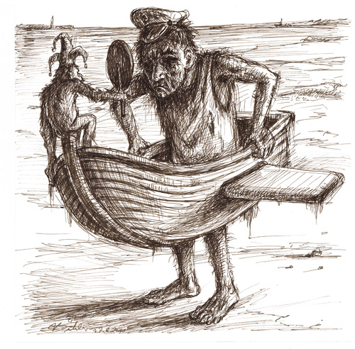 Cartoon: Gestrandet (medium) by Thomas Bühler tagged boot,schiff,wasser,insel,robinson,gestrandet,schiffbrüchiger,besitz,besitzer,eigentum,versprechen,heim,mensch,angst,gewalt,isolation