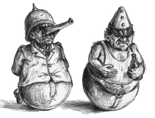 Cartoon: Stehaufmänner (medium) by Thomas Bühler tagged clownsmaske,lüge,krieg,soldat