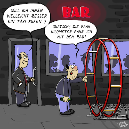 Cartoon: Rhönrad (medium) by Thorsten Klomfass tagged kneipe,bar,alkohol,gast,promille,heimweg,rhönrad,taxi,kneipe,bar,alkohol,gast,promille,heimweg,rhönrad,taxi