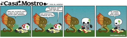 Cartoon: tira comica 019 (medium) by mostro tagged skeleton,skull,bones,snake,serpiente,emplumada,feather,mic,dioses,aztecas,quetzalcoatl,mictlantecuhtli,comida,food,huesos